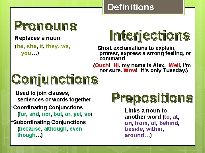 Definitions Pronouns Replaces a noun (he, she, it, they, we, you…) Interjections Short exclamations