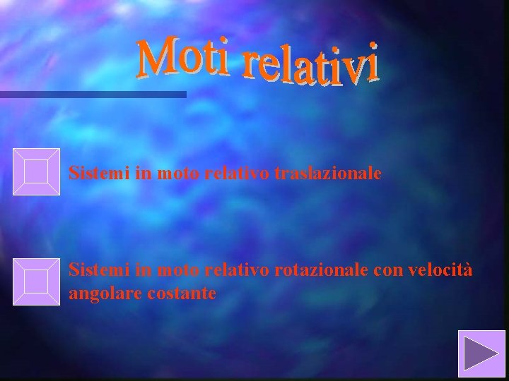 Sistemi in moto relativo traslazionale Sistemi in moto relativo rotazionale con velocità angolare costante