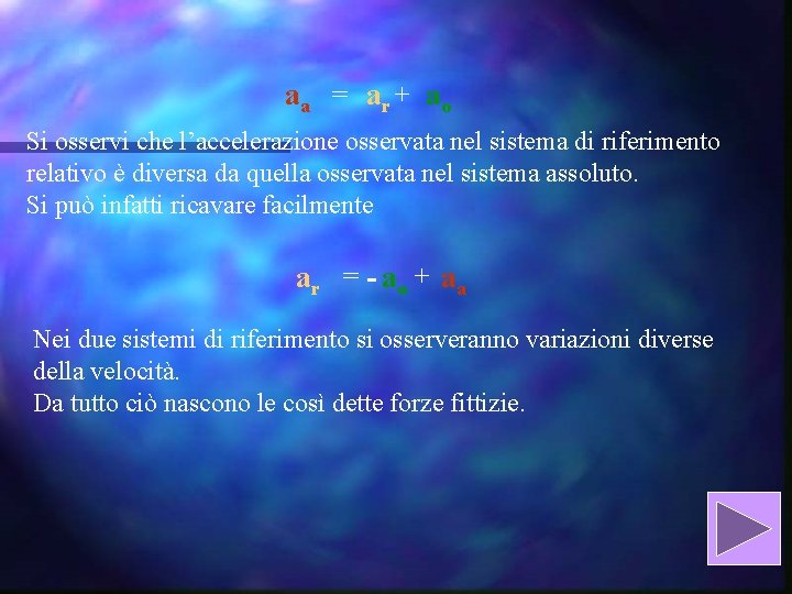 aa = ar + ao Si osservi che l’accelerazione osservata nel sistema di riferimento