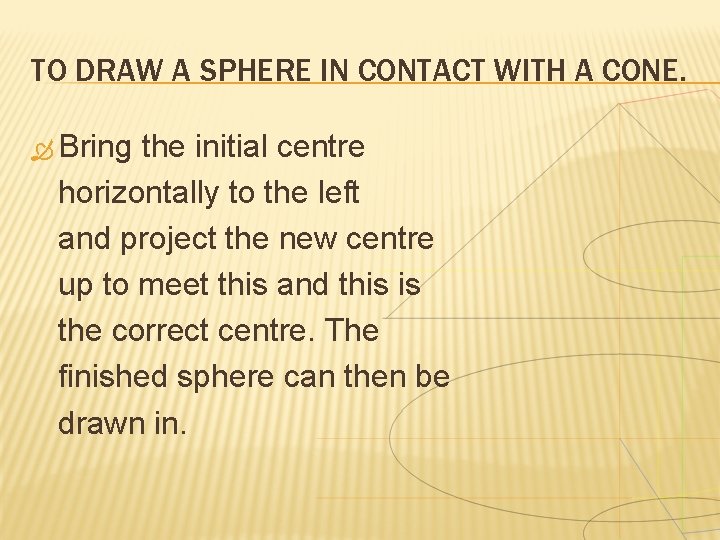 TO DRAW A SPHERE IN CONTACT WITH A CONE. Bring the initial centre horizontally