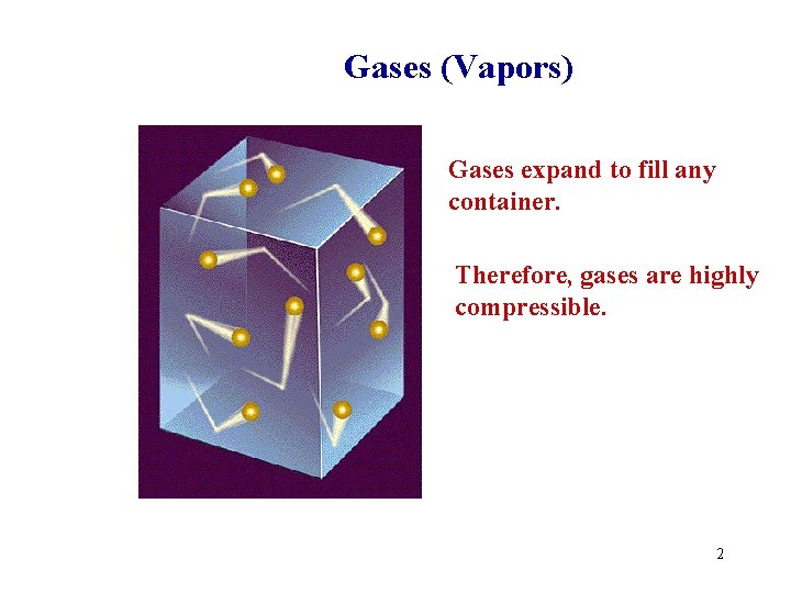 Gases (Vapors) Gases expand to fill any container. Therefore, gases are highly compressible. 2