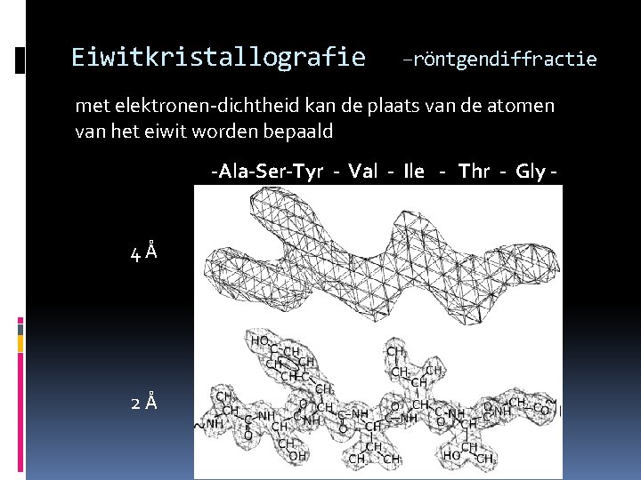 Eiwitkristallografie –röntgendiffractie met elektronen-dichtheid kan de plaats van de atomen van het eiwit worden