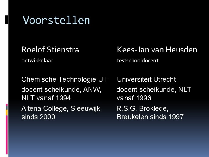 Voorstellen Roelof Stienstra Kees-Jan van Heusden ontwikkelaar testschooldocent Chemische Technologie UT docent scheikunde, ANW,