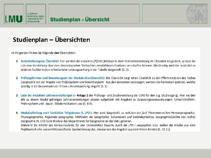 Studienplan - Übersicht Studienplan – Übersichten 