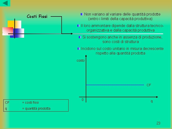 Non variano al variare delle quantità prodotte (entro i limiti della capacità produttiva) Costi