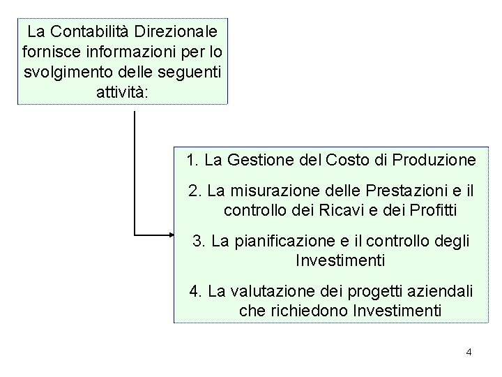 La Contabilità Direzionale fornisce informazioni per lo svolgimento delle seguenti attività: 1. La Gestione