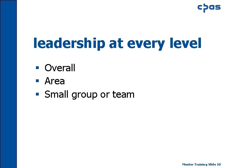 leadership at every level § Overall § Area § Small group or team Mentor