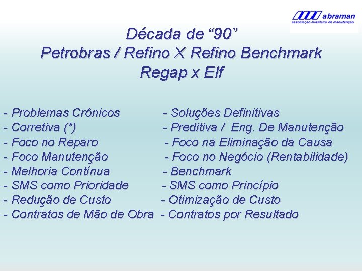 Década de “ 90” Petrobras / Refino X Refino Benchmark Regap x Elf -