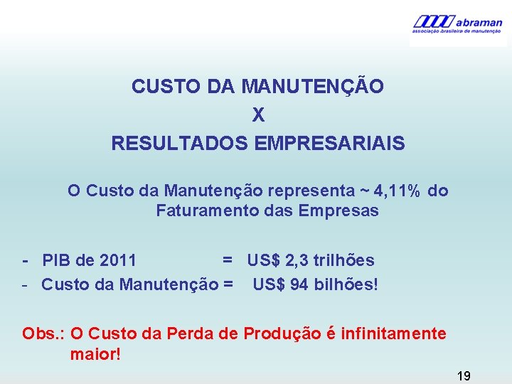 CUSTO DA MANUTENÇÃO X RESULTADOS EMPRESARIAIS O Custo da Manutenção representa ~ 4, 11%