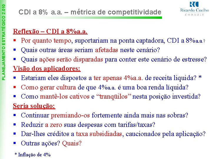 PLANEJAMENTO ESTRATÉGICO 2. 010 CDI a 8% a. a. – métrica de competitividade Reflexão