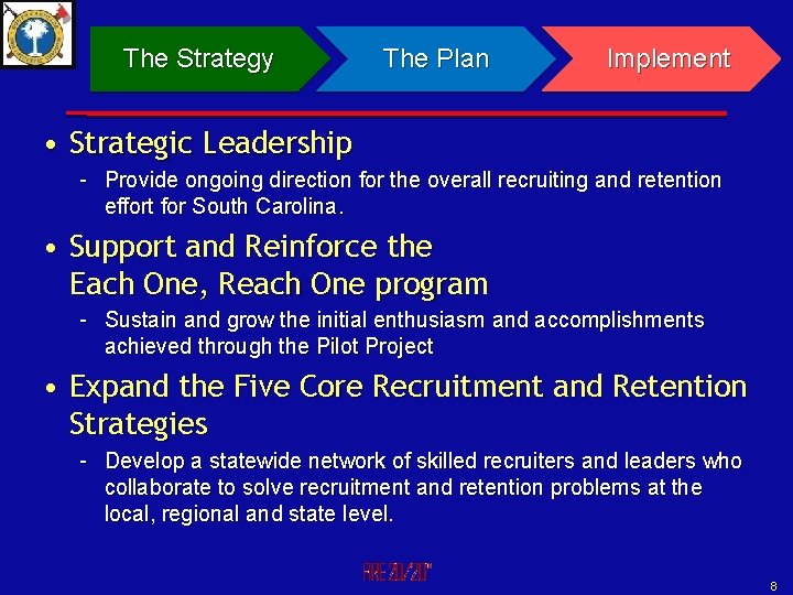The Strategy The Plan Implement • Strategic Leadership – Provide ongoing direction for the