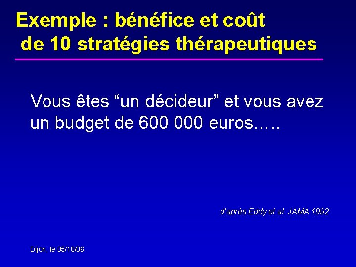 Exemple : bénéfice et coût de 10 stratégies thérapeutiques Vous êtes “un décideur” et