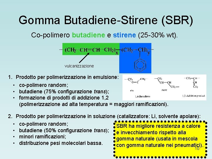 Gomma Butadiene-Stirene (SBR) Co-polimero butadiene e stirene (25 -30% wt). vulcanizzazione 1. Prodotto per