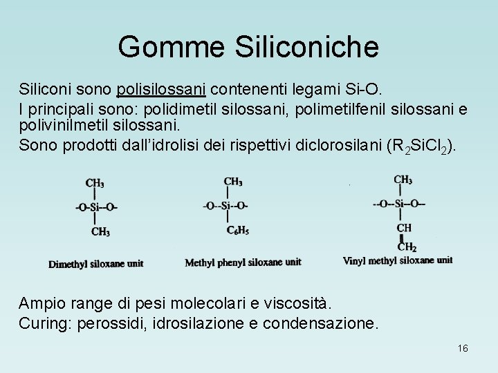 Gomme Siliconiche Siliconi sono polisilossani contenenti legami Si-O. I principali sono: polidimetil silossani, polimetilfenil