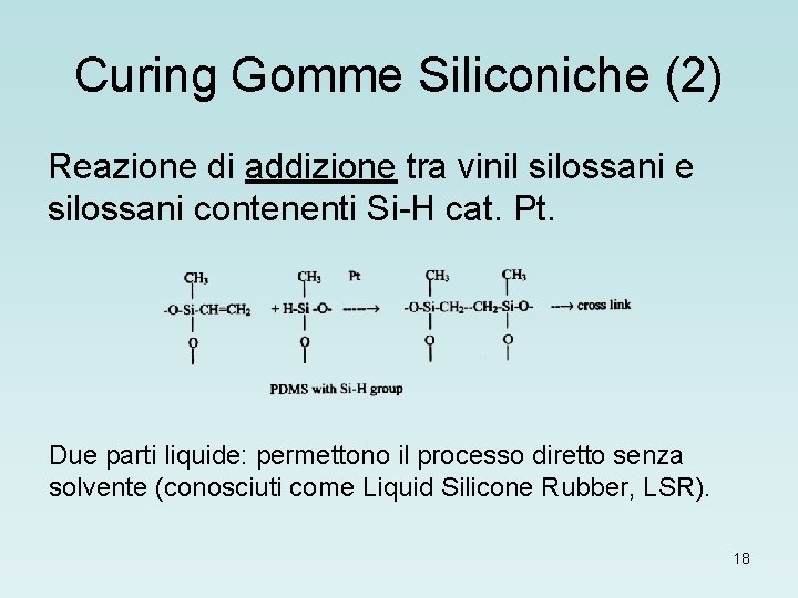 Curing Gomme Siliconiche (2) Reazione di addizione tra vinil silossani e silossani contenenti Si-H