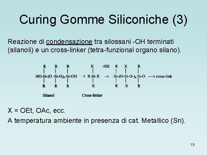 Curing Gomme Siliconiche (3) Reazione di condensazione tra silossani -OH terminati (silanoli) e un