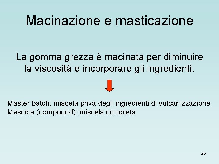 Macinazione e masticazione La gomma grezza è macinata per diminuire la viscosità e incorporare