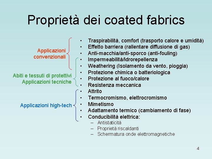 Proprietà dei coated fabrics Applicazioni convenzionali Abiti e tessuti di protettivi Applicazioni tecniche Applicazioni