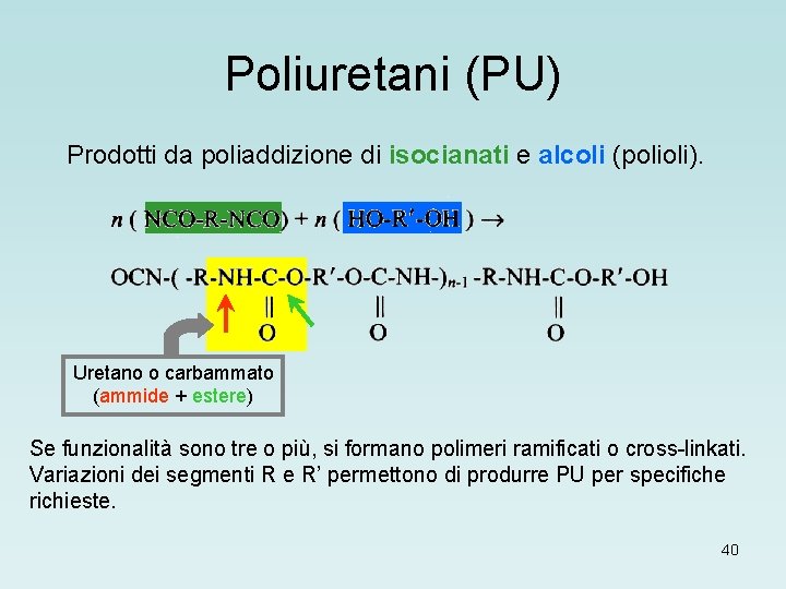 Poliuretani (PU) Prodotti da poliaddizione di isocianati e alcoli (polioli). Uretano o carbammato (ammide