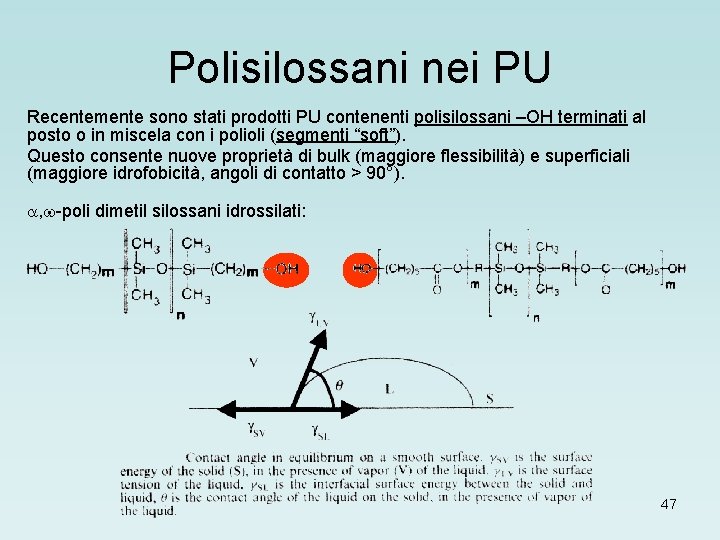 Polisilossani nei PU Recentemente sono stati prodotti PU contenenti polisilossani –OH terminati al posto