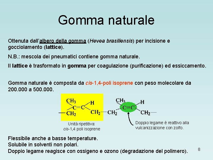 Gomma naturale Ottenuta dall’albero della gomma (Hevea brasiliensis) per incisione e gocciolamento (lattice). N.