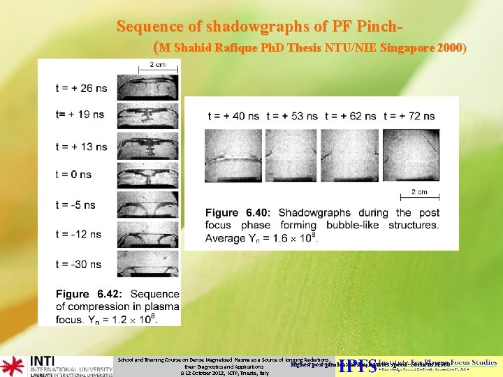 Sequence of shadowgraphs of PF Pinch- (M Shahid Rafique Ph. D Thesis NTU/NIE Singapore