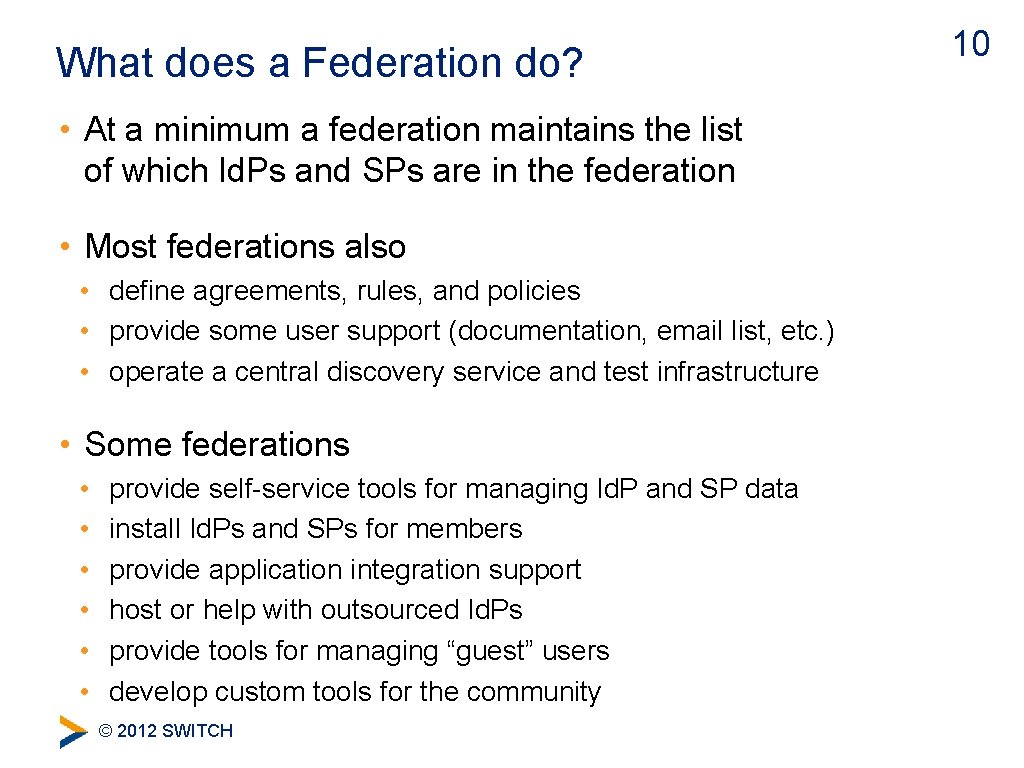 What does a Federation do? • At a minimum a federation maintains the list