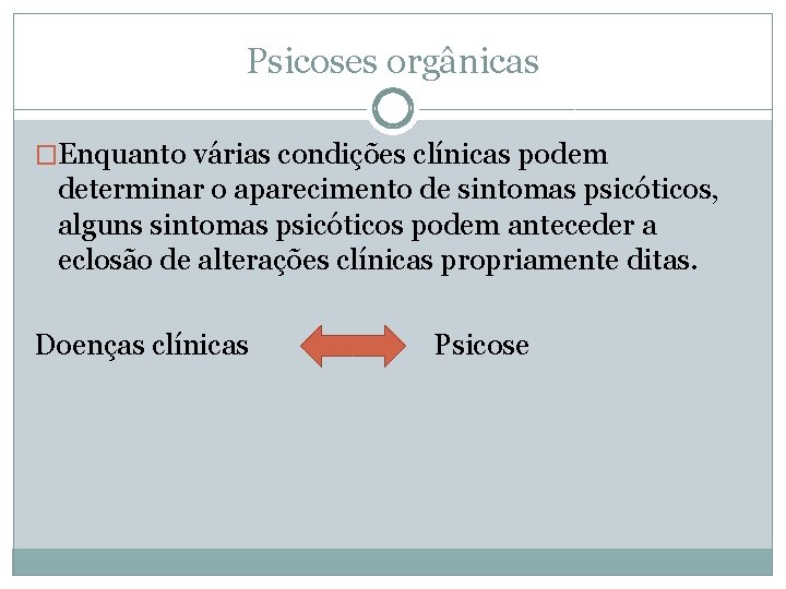 Psicoses orgânicas �Enquanto várias condições clínicas podem determinar o aparecimento de sintomas psicóticos, alguns Psicoses orgânicas �Enquanto várias condições clínicas podem determinar o aparecimento de sintomas psicóticos, alguns