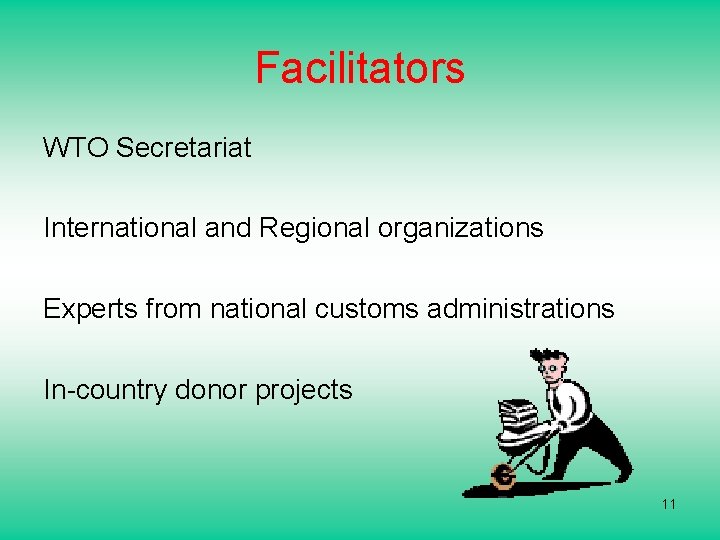Facilitators WTO Secretariat International and Regional organizations Experts from national customs administrations In-country donor