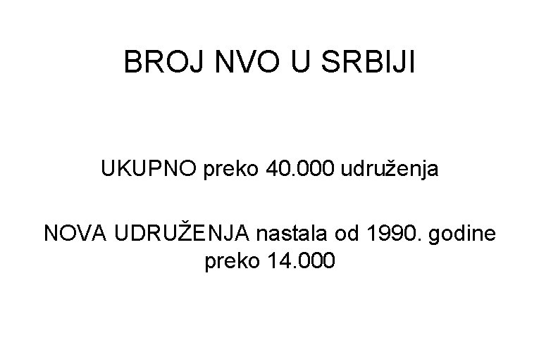 BROJ NVO U SRBIJI UKUPNO preko 40. 000 udruženja NOVA UDRUŽENJA nastala od 1990.