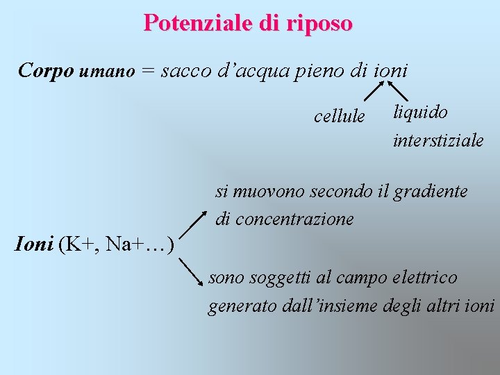 Potenziale di riposo Corpo umano = sacco d’acqua pieno di ioni cellule liquido interstiziale