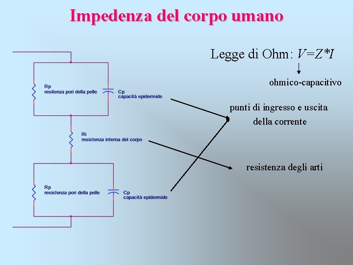 Impedenza del corpo umano Legge di Ohm: V=Z*I ohmico-capacitivo punti di ingresso e uscita