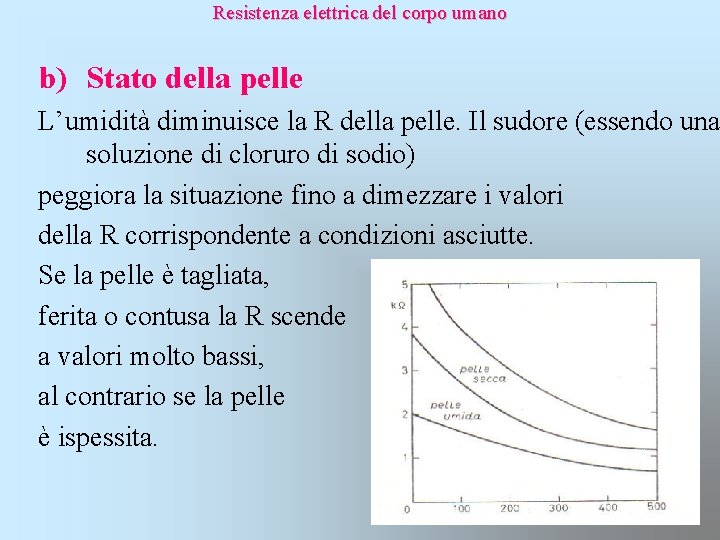  Resistenza elettrica del corpo umano b) Stato della pelle L’umidità diminuisce la R