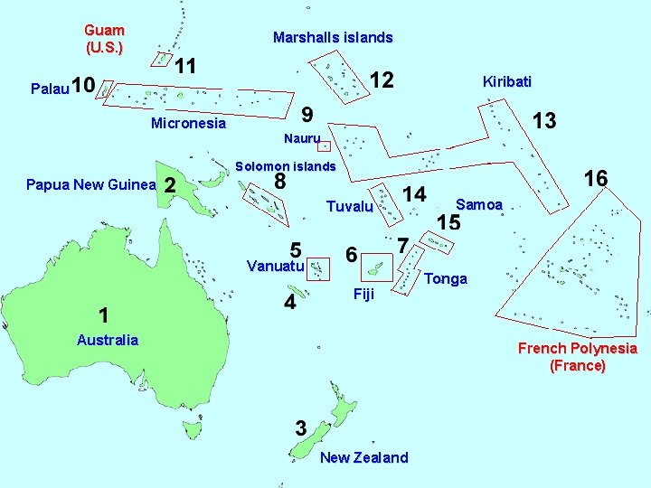 Guam (U. S. ) Marshalls islands Kiribati Palau Micronesia Nauru Solomon islands Central Papua