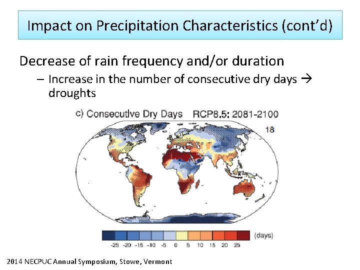 Impact on Precipitation Characteristics (cont’d) Decrease of rain frequency and/or duration – Increase in