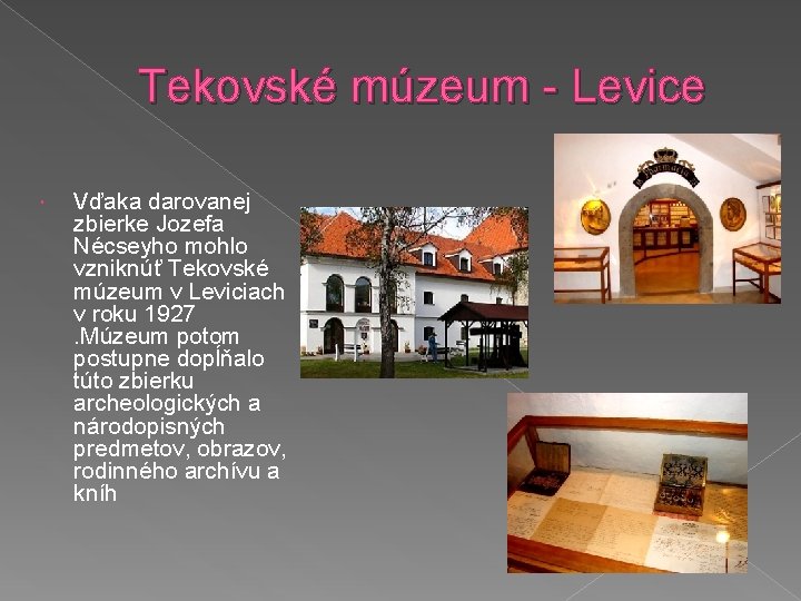 Tekovské múzeum - Levice Vďaka darovanej zbierke Jozefa Nécseyho mohlo vzniknúť Tekovské múzeum v