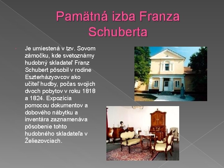 Pamätná izba Franza Schuberta Je umiestená v tzv. Sovom zámočku, kde svetoznámy hudobný skladateľ