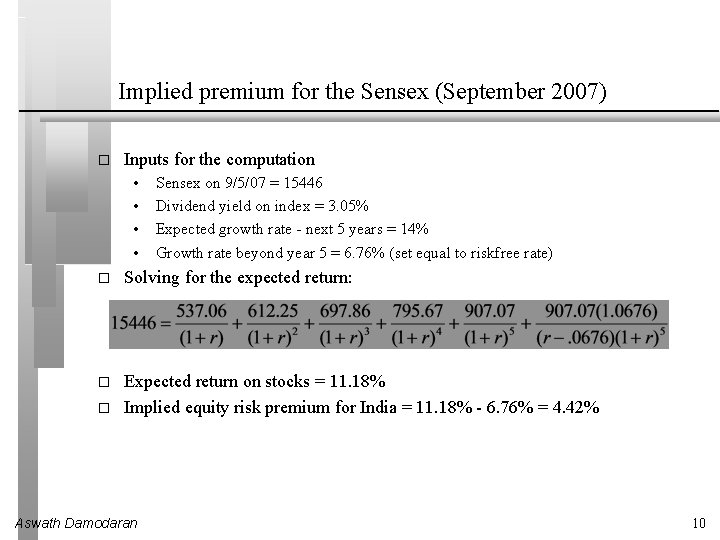 Implied premium for the Sensex (September 2007) � Inputs for the computation • •