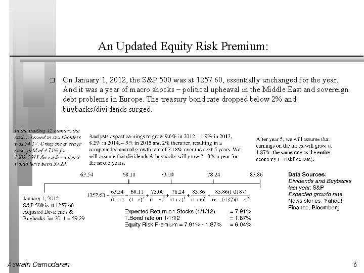 An Updated Equity Risk Premium: � On January 1, 2012, the S&P 500 was