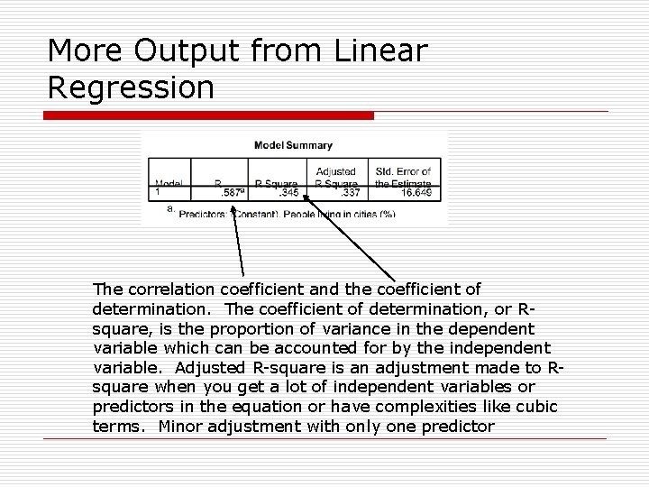 More Output from Linear Regression The correlation coefficient and the coefficient of determination. The