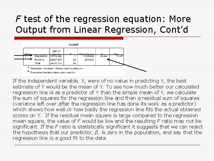 F test of the regression equation: More Output from Linear Regression, Cont’d If the