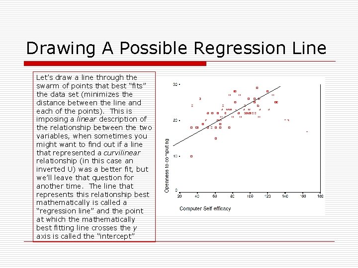 Drawing A Possible Regression Line Let’s draw a line through the swarm of points