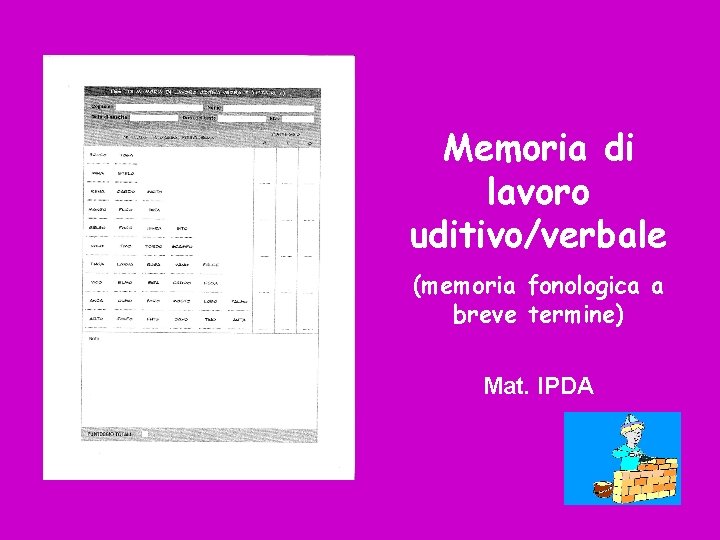 Memoria di lavoro uditivo/verbale (memoria fonologica a breve termine) Mat. IPDA 