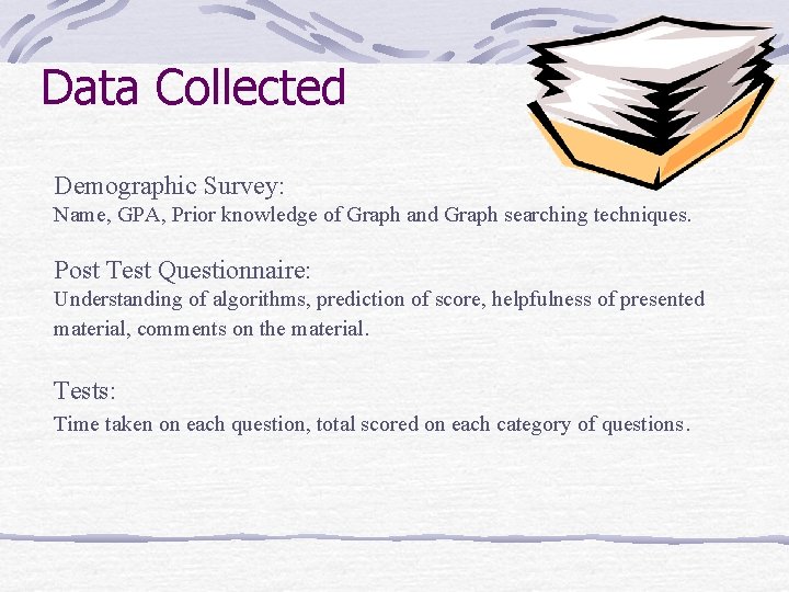 Data Collected Demographic Survey: Name, GPA, Prior knowledge of Graph and Graph searching techniques.