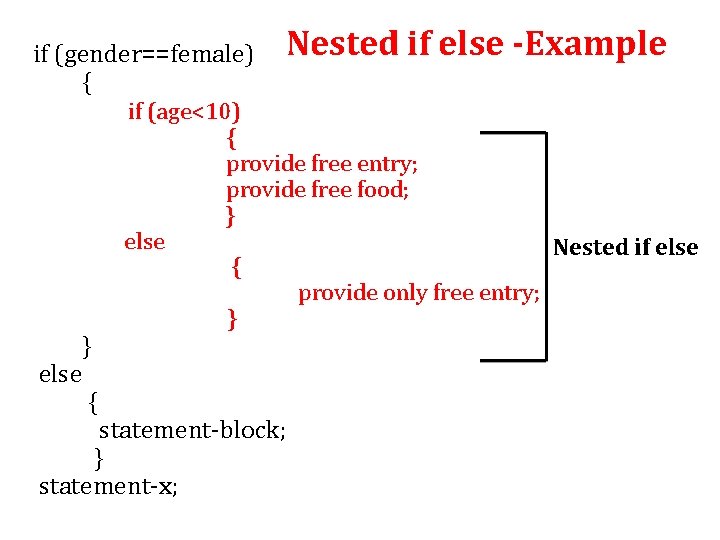 if (gender==female) { } else { Nested if else -Example if (age<10) { provide