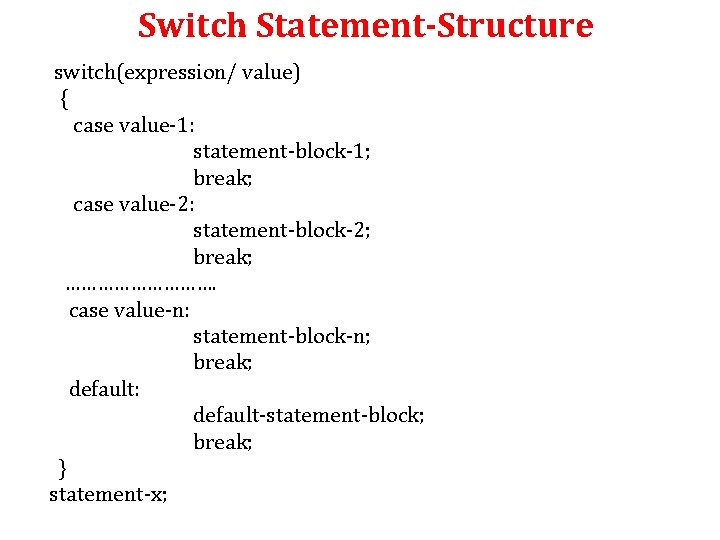 Switch Statement-Structure switch(expression/ value) { case value-1: statement-block-1; break; case value-2: statement-block-2; break; …………….