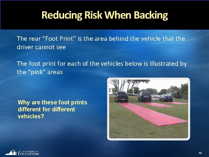 Reducing Risk When Backing The rear “Foot Print” is the area behind the vehicle