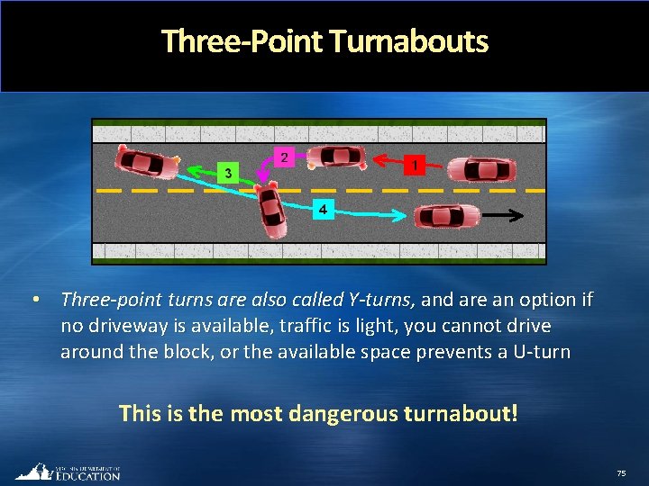 Three-Point Turnabouts 2 4 3 1 5 • Three-point turns are also called Y-turns,