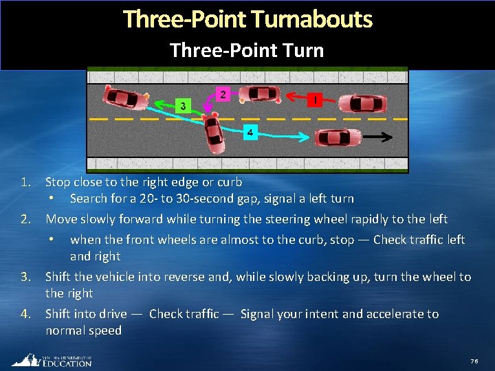 Three-Point Turnabouts Three-Point Turn 2 3 1 5 1. Stop close to the right