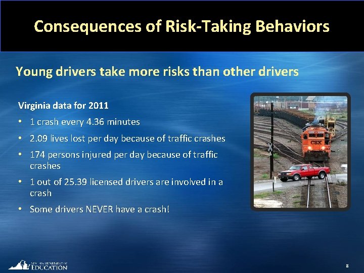 Consequences of Risk-Taking Behaviors Young drivers take more risks than other drivers Virginia data